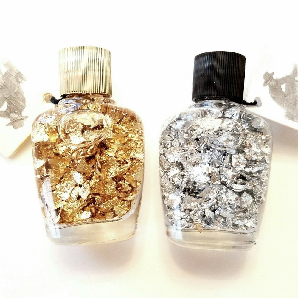 Pure Brazilian Gold & Silver Leaf Flake Water Bottle Gift Set Specimens